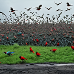 **Abstract soundscape:** A vibrant and chaotic visual representation of mixed bird songs and industrial noise, symbolizing environmental concerns. Use a color palette that contrasts natural greens and blues with harsh greys and reds.
