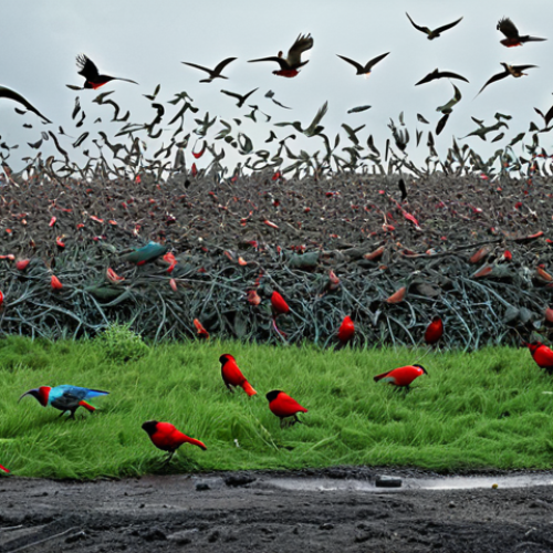**Abstract soundscape:** A vibrant and chaotic visual representation of mixed bird songs and industrial noise, symbolizing environmental concerns. Use a color palette that contrasts natural greens and blues with harsh greys and reds.