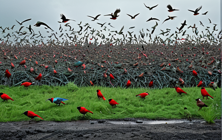 **Abstract soundscape:** A vibrant and chaotic visual representation of mixed bird songs and industrial noise, symbolizing environmental concerns. Use a color palette that contrasts natural greens and blues with harsh greys and reds.