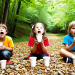 **

A group of children enthusiastically experimenting with everyday objects (paper cups, stones, leaves) to create sounds. The scene should be bright and colorful, emphasizing the children's curiosity and engagement. Show recording equipment in the background, suggesting sound recording and editing.

**