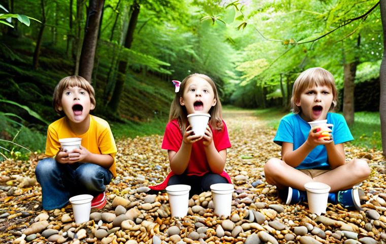 **

A group of children enthusiastically experimenting with everyday objects (paper cups, stones, leaves) to create sounds. The scene should be bright and colorful, emphasizing the children's curiosity and engagement. Show recording equipment in the background, suggesting sound recording and editing.

**