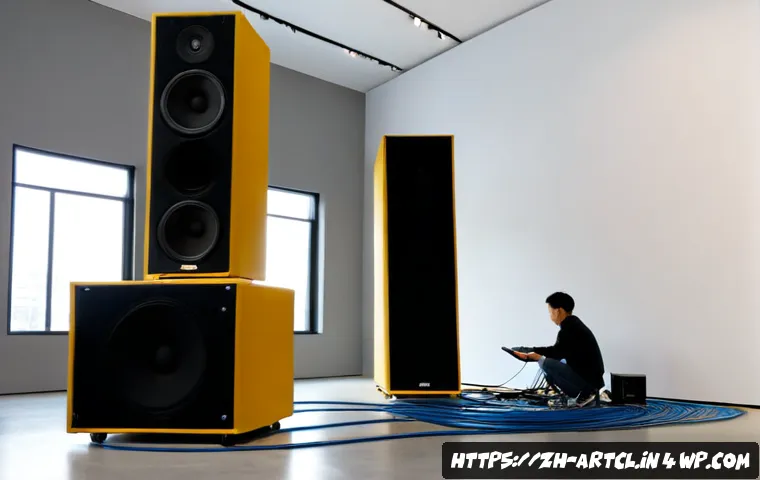 사운드 아트의 설치 및 운영 매뉴얼 - Photorealistic wide-angle view of a contemporary sound art installation being set up in a clean gall...