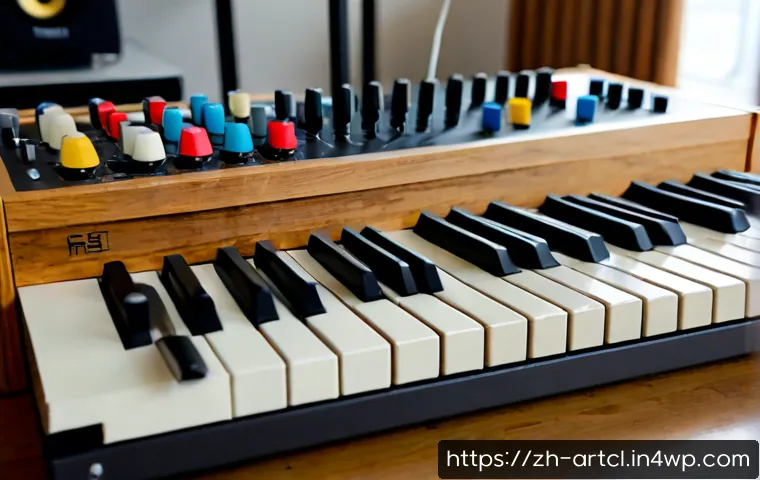 사운드 아트의 청각적 구성 요소 이해하기 - Photorealistic sound art studio, close view of a wooden table with a modular synthesizer, small fiel...