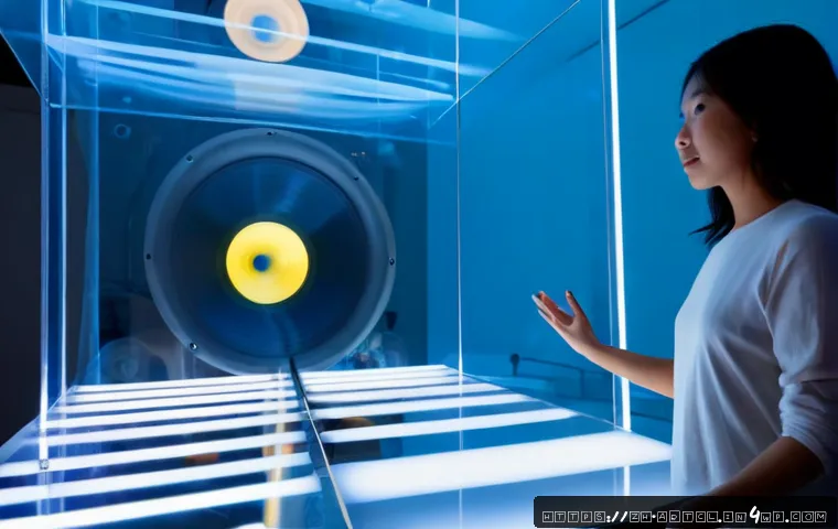 사운드 아트의 인터랙티브 요소 설계하기 - Photorealistic interactive sound art installation in a contemporary gallery, diverse adult visitor g...