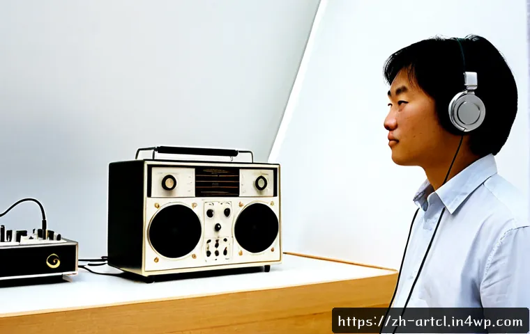 사운드 아트의 개념과 역사 이해하기 - Photorealistic museum gallery illustrating the early history of sound art, a vintage reel-to-reel ta...