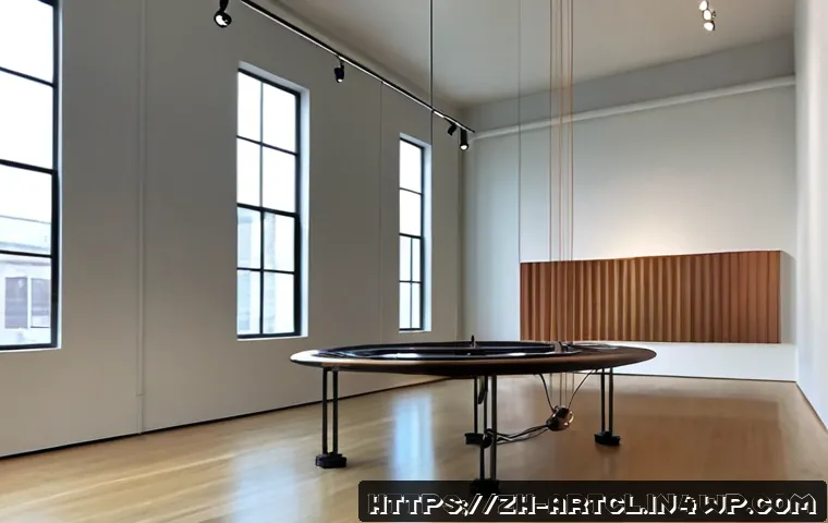 사운드 아트 프로젝트의 물리적 요소 고려하기 - Photorealistic sound art installation in a quiet contemporary gallery, a large suspended metal reson...